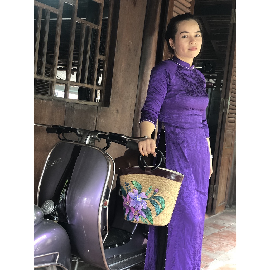 Túi cói  viền nẹp da vẽ handmade