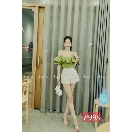 áo trễ vai bèo tay phồng croptop dễ thương