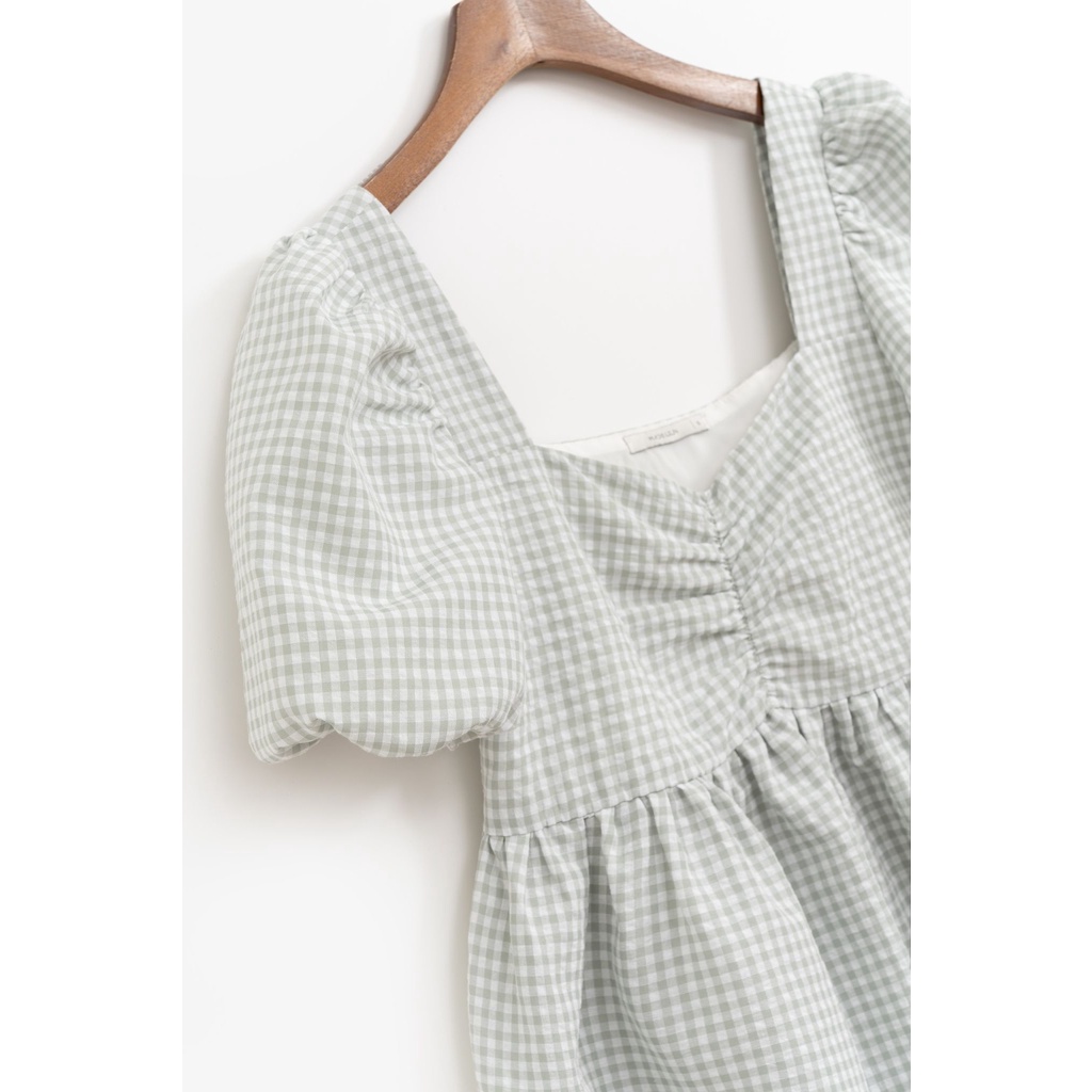 Áo babydoll tay bồng MADELEN kẻ gingham xanh