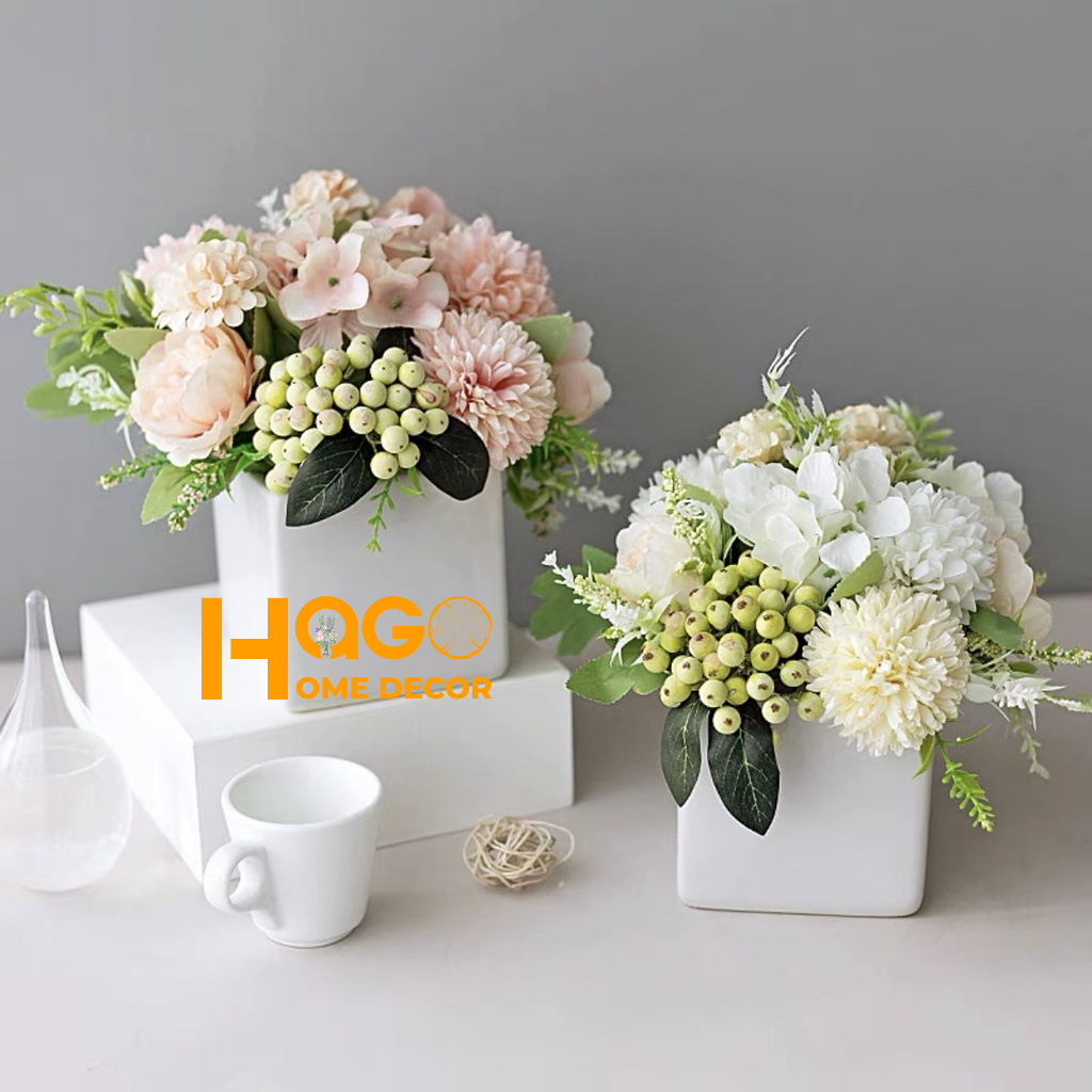 Chậu Hoa Để Bàn Cắm Sẵn Nhiều Mẫu Hoa Lụa Cao 25cm Decor Kệ Tủ, Kệ Sách, Bàn Làm Việc