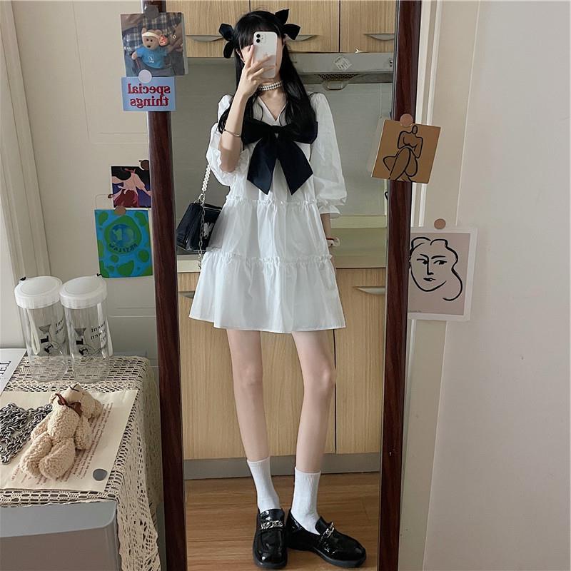 Đầm tay dài phồng cổ chữ v phong cách mùa hè thời trang dễ thương cho nữ | BigBuy360 - bigbuy360.vn