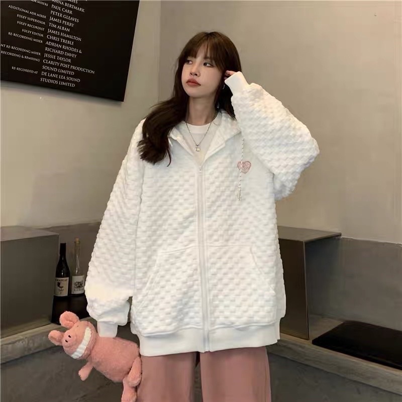 Áo khoác hoodie (có ảnh thật) form rộng chất vải đan vuông thêu trái tim siêu đẹp