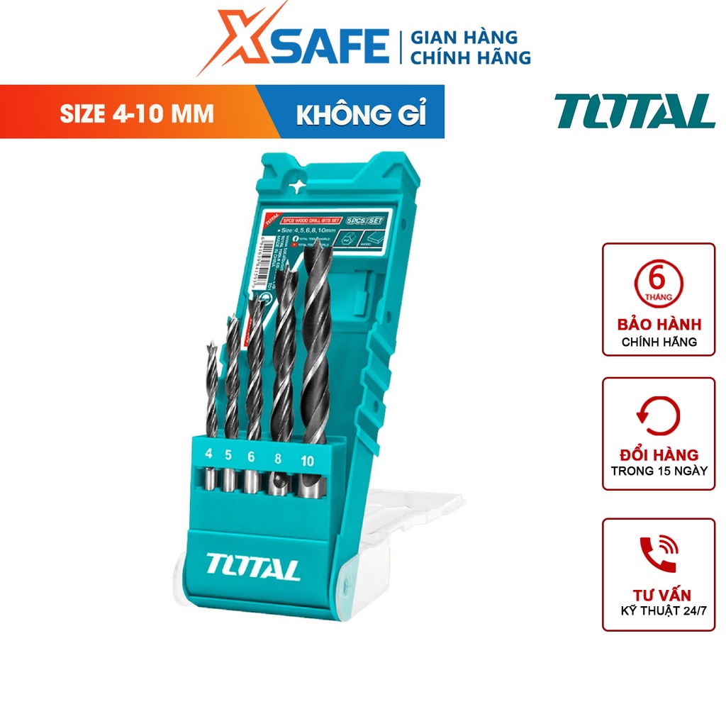 Bộ 5 mũi khoan gỗ, kích thước 4mm,5mm,6mm,8mm,10mm, không bị ăn mòn, biến dạng, gãy hay cong khi sử dụng