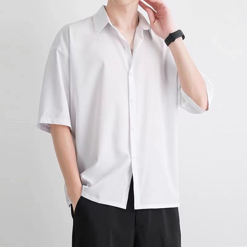 Áo Sơ Mi Lụa Tay Ngắn Dáng Rộng Màu Trơn Thời Trang Mùa Hè Cho Nam