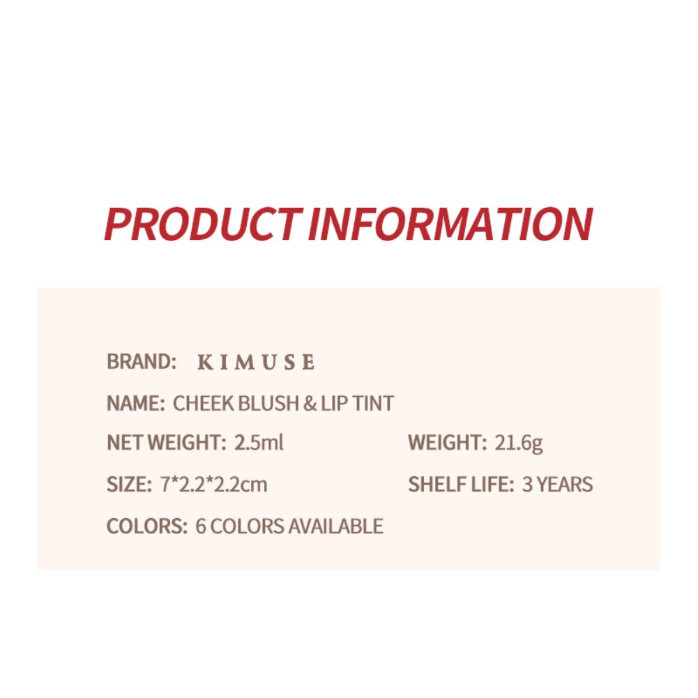 ✧Ready Stcok KIMUSE Son Môi Má Hồng Hai Công Dụng 6 Màu Son Môi Nhung Lì Dưỡng Ẩm Không Thấm Nước Chống Mồ Hôi Lâu Trôi Không Dính Dạng Cốc Son Bóng Trang Điểm Môi Cao Hơn