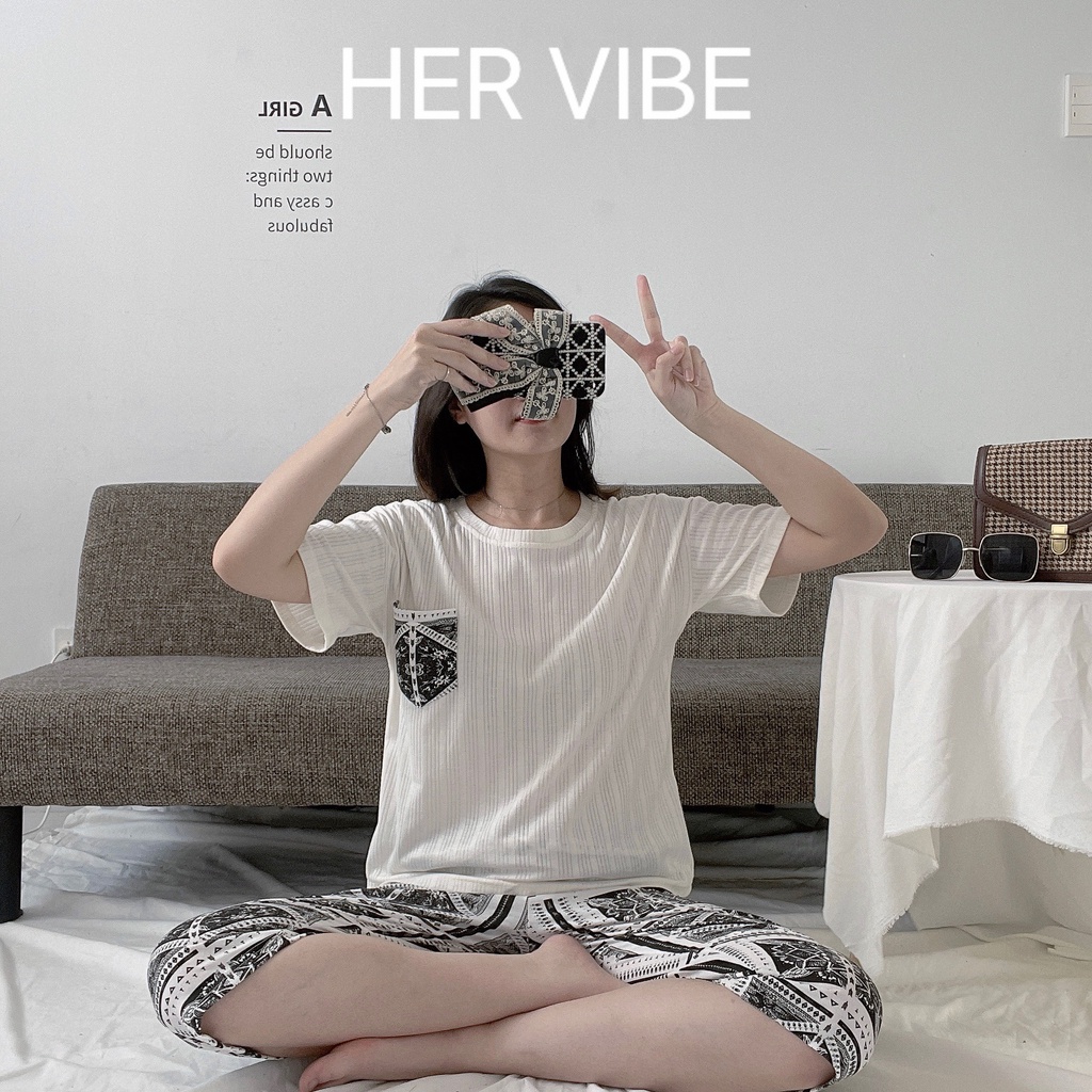 Bộ đồ ngủ pyjama nữ thu hè tay ngắn quần lửng siêu mềm thấm hút - Đồ ngủ nữ mặc nhà quần dài Her Vibe