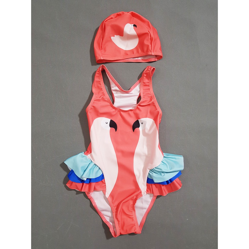 Bộ đồ bơi liền thân bikini hồng 2 con hạc dễ thương bé gái