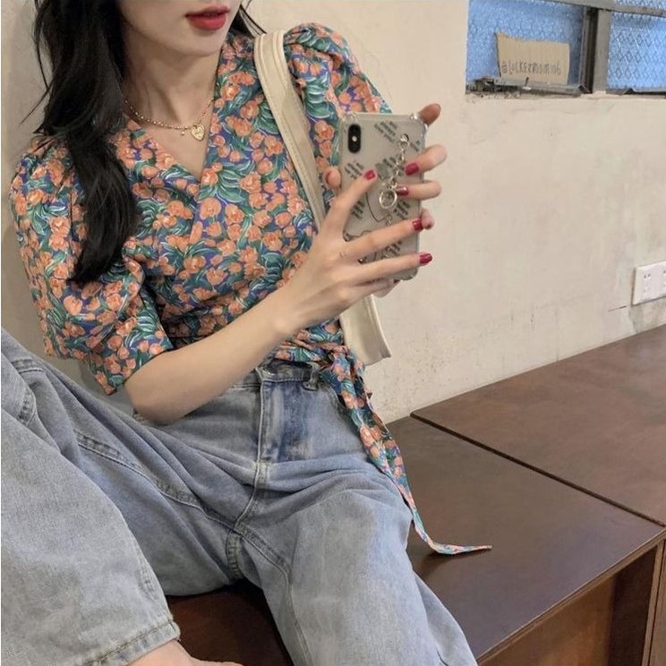 Áo Kiểu Tay Phồng Ngắn Cổ Chữ V Dáng Ôm Thời Trang retro Hàn Quốc Cho Nữ