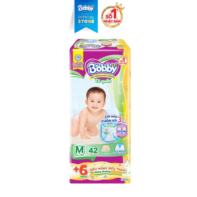 Tã quần Bobby lõi nén thần kì 3mm S46/M42/L38/XL34/XXL30 - Tặng 6 miếng mùa hè