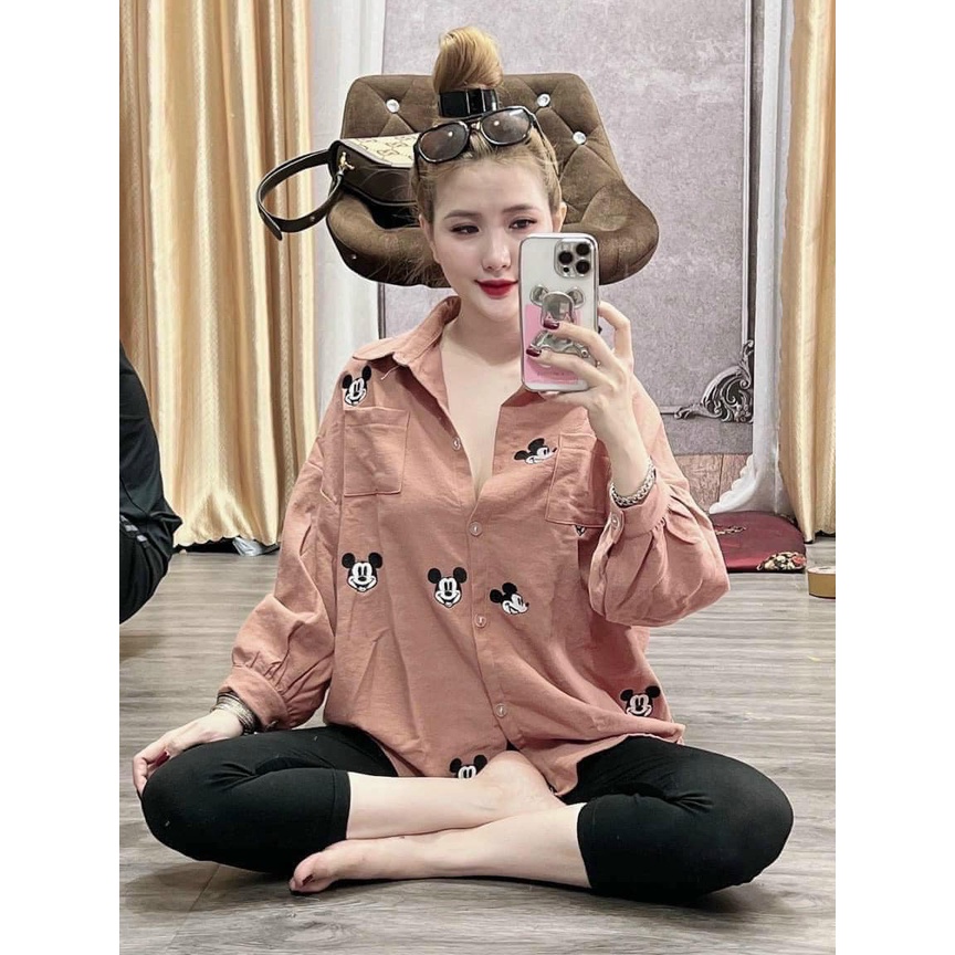 Đồ bộ nữ, set đồ bộ quần legging thun dày và áo sơ mi tay phồng lai bầu có túi form rộng freesize vải lụa dày cao cấp