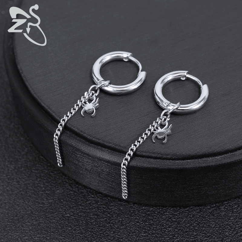 Khuyên tai khoen tròn inox phối dây xích dài đính mặt thánh giá thời trang Hàn Quốc cho nam