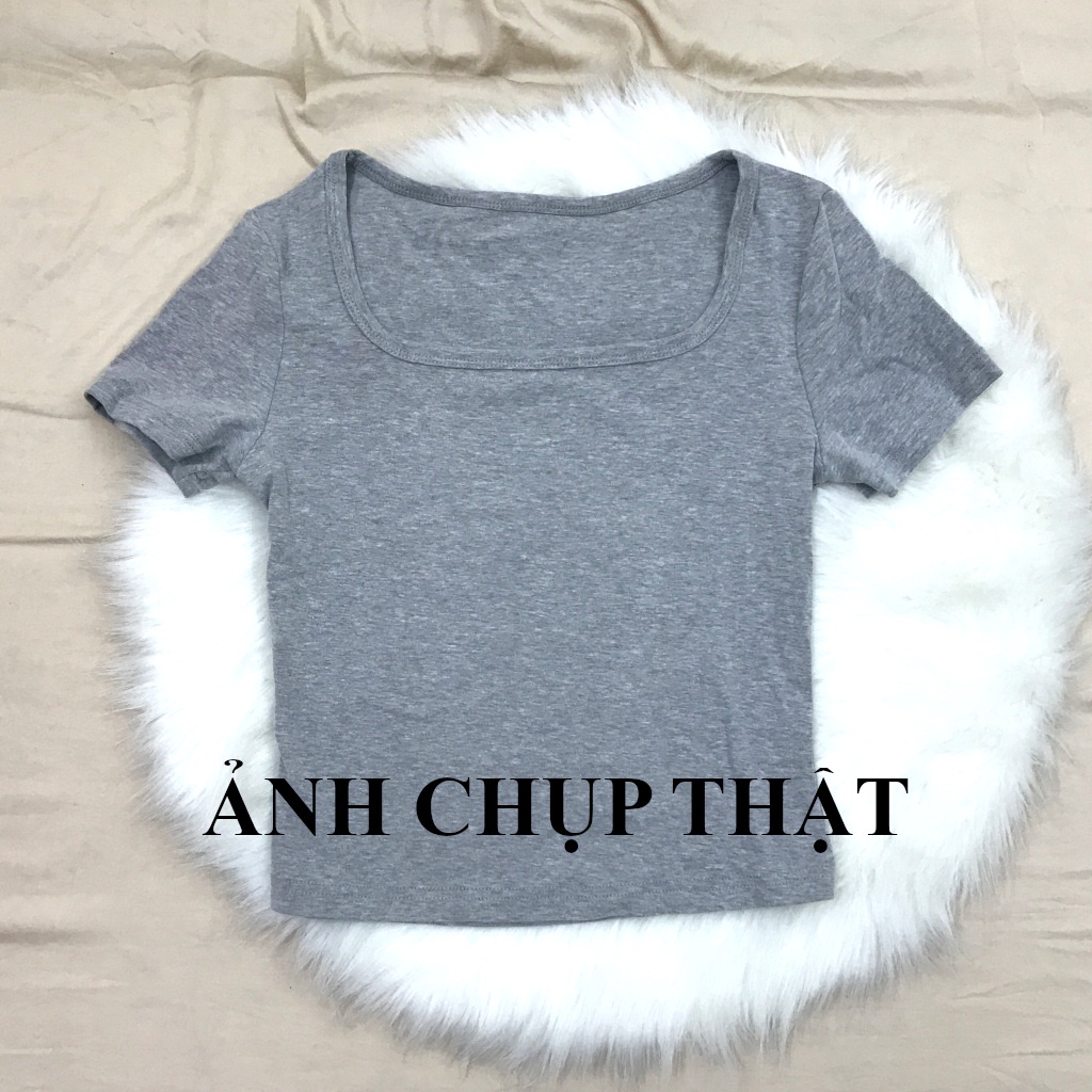 Áo thun croptop màu ghi cổ vuông tay ngắn size S dưới 48kg - THANH LÝ