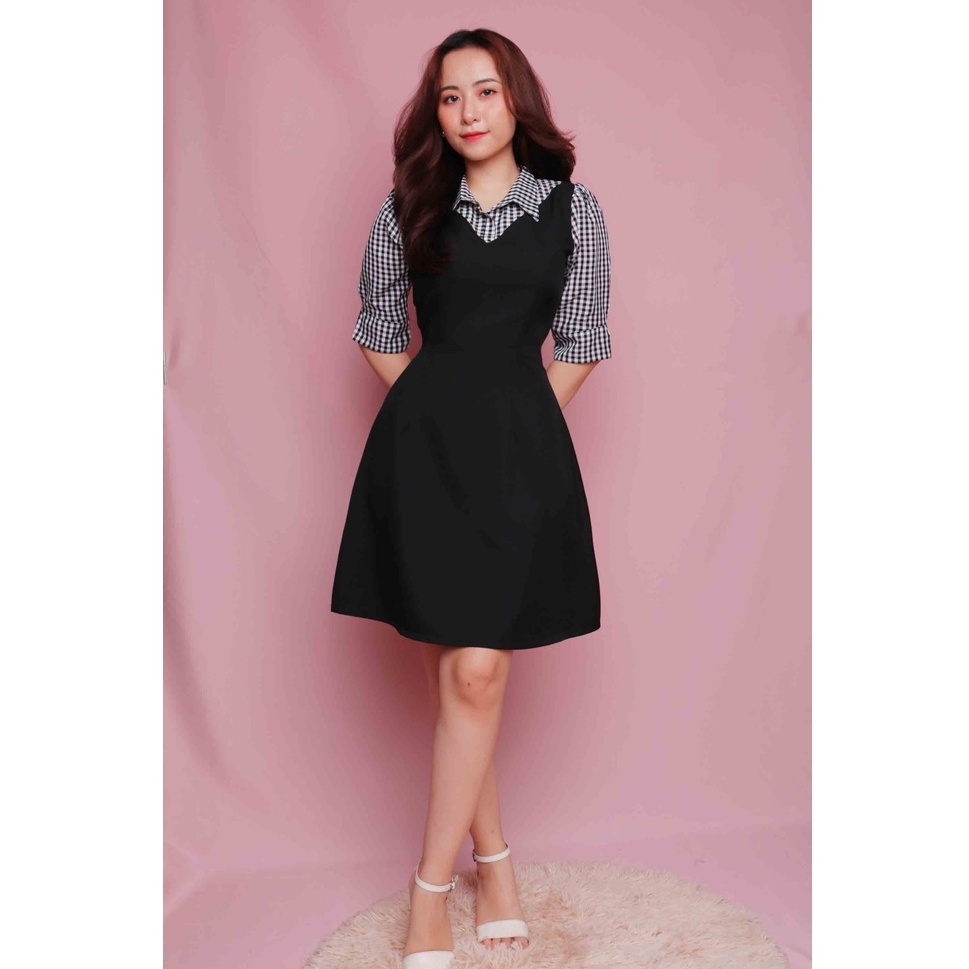 Đầm sơ mi công sở đen caro xinh thiết kế chữ a tay lỡ trẻ trung eo tôn dáng thời trang đi làm đi chơi – Thời trang Lux W