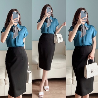 Sơ mi lụa tay hến kèm khăn