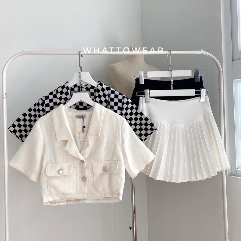 [SALE Xa Kho] Áo Blazer croptop tay ngăn cài nút vải tweed và bố 2 màu