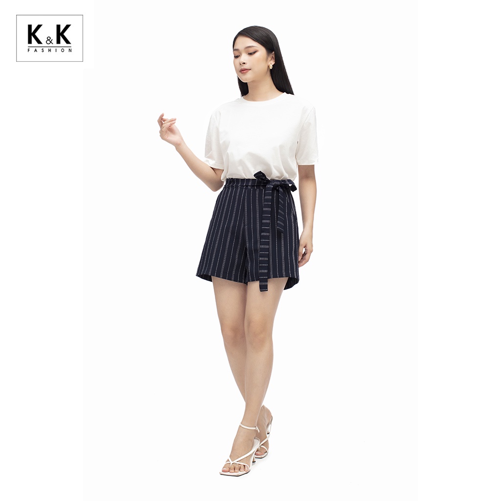 Quần Short Nữ K&amp;K Fashion Kẻ Sọc Thắt Nơ QCS02-15 Chất Liệu Kaki
