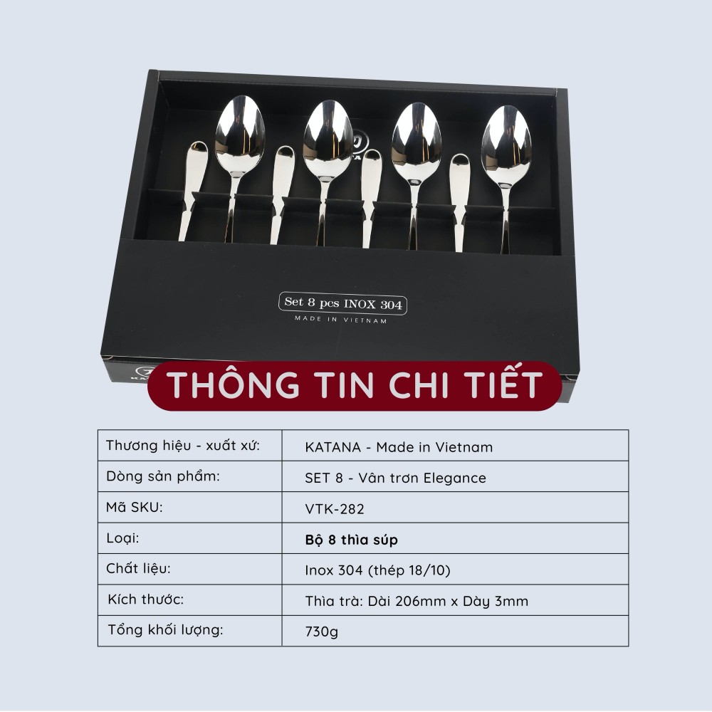 Bộ thìa súp inox vân trơn KATANA Elegance VTK282 8 món