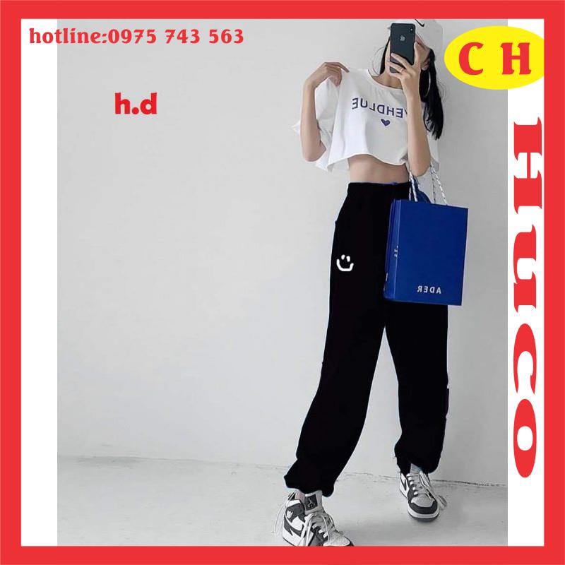 áo thun croptop ngắn tay yeh tim chất cotton + quần dài bom chun ống logo miệng cười, sét đồ bộ nữ mặc đi chơi freesize