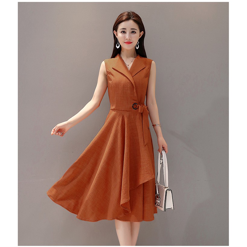 Đầm nữ đầm dự tiệc dáng xoè váy cao cấp sát nách phối dây nơ eo màu xanh và màu cam | BigBuy360 - bigbuy360.vn