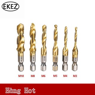 Ekez bộ 6 mũi khoan taro m3-m10 thép hss 4341 phủ titanium dùng để tạo ren inox/ lỗ bắt vít m3 m4 m5 m6 m8 m