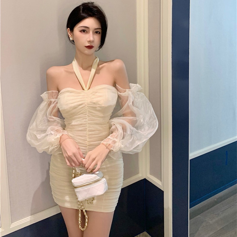 Đầm Trễ Vai Tay Dài Phối Nơ Nữ Tính