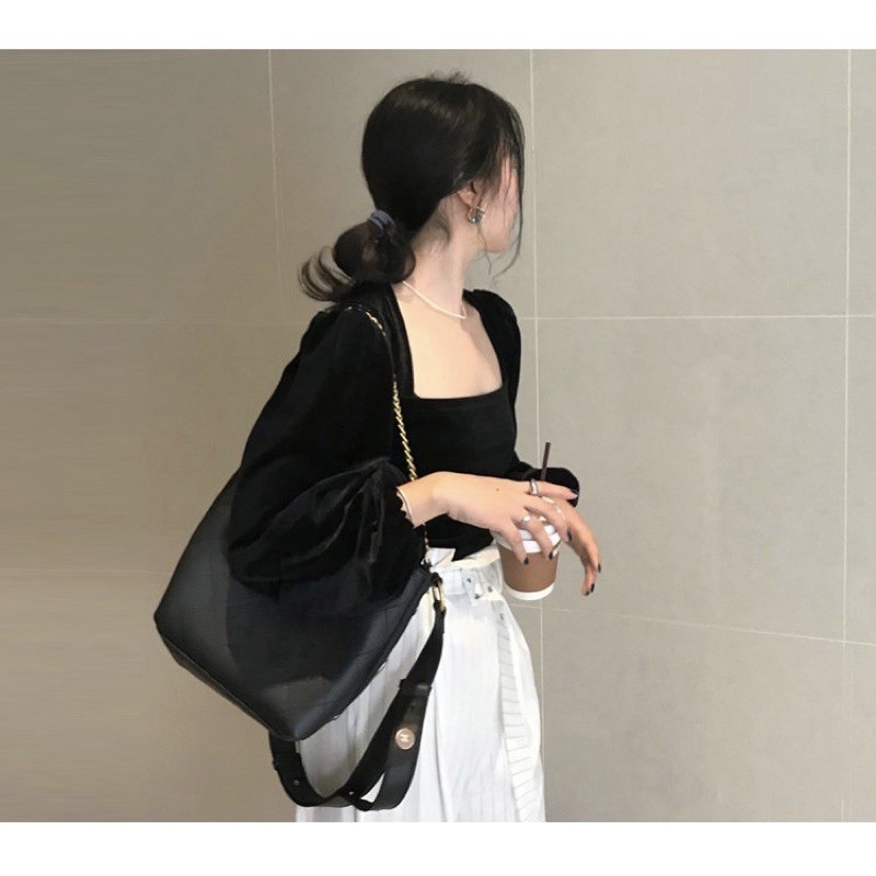 Áo cổ vuông tay bồng nhung đen WANAWEAR sang chảnh cổ điển vintage