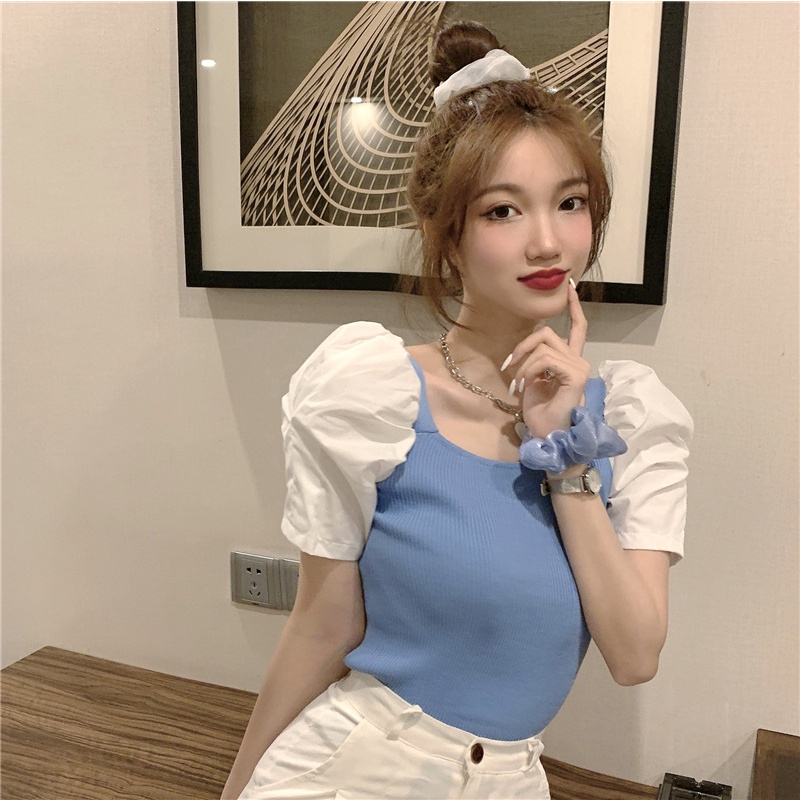 Áo thun ZHELIHANGFEI tay ngắn phồng cổ vuông phong cách phương Tây thời trang mùa hè cho nữ