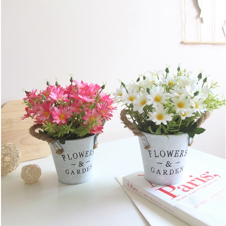 Xô thiếc mini flower garden XOS2 không kèm hoa trang trí tiểu cảnh chậu sắt cắm hoa cắm bút để dụng cụ decor trồng cây