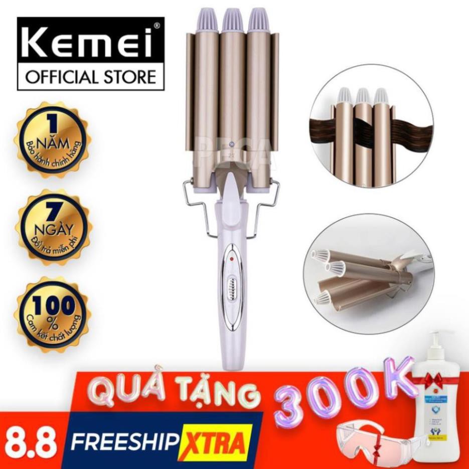 Máy uốn tóc chuyên nghiệp Kemei KM-1010 tiện lợi với 3 trục uốn dùng để uốn xoăn, uốn lọn gợn sóng tạo độ phòng cho tóc