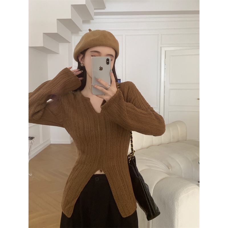 Áo Dệt Kim Tay Dài Cổ Chữ V Màu Trơn Thời Trang Mùa Thu Phong Cách Hàn Quốc