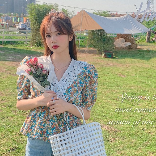 SUXI Áo kiểu cổ chữ V họa tiết hoa xinh xắn thời trang phong cách Pháp cho nữ