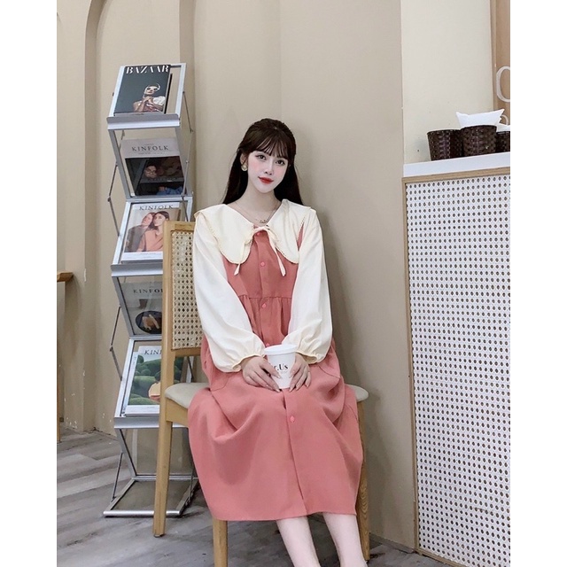 ĐẦM NHUNG PHỐI MÀU TAY DÀI MẶC THU ĐÔNG CHO BẦU