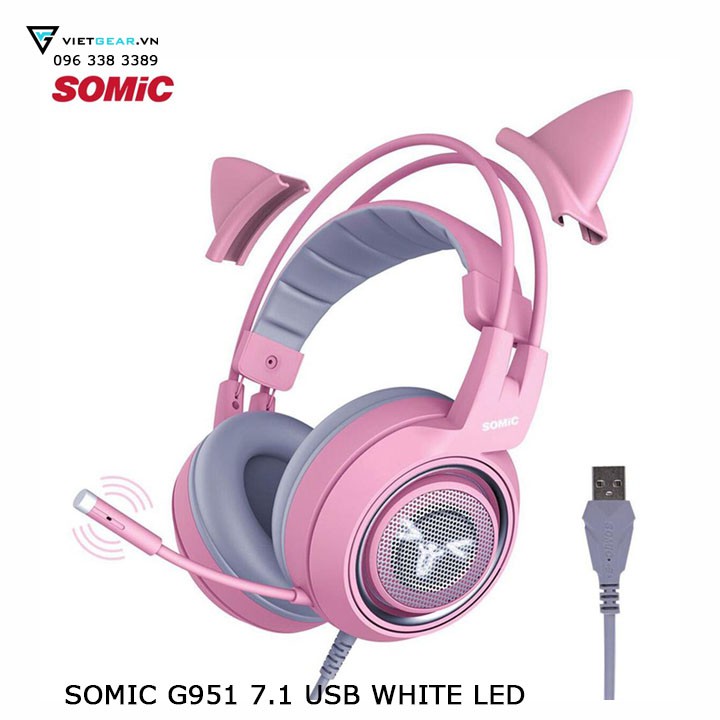 Tai nghe tai mèo Somic G951 Pink Edition, âm thanh giả lập 7.1 cao cấp