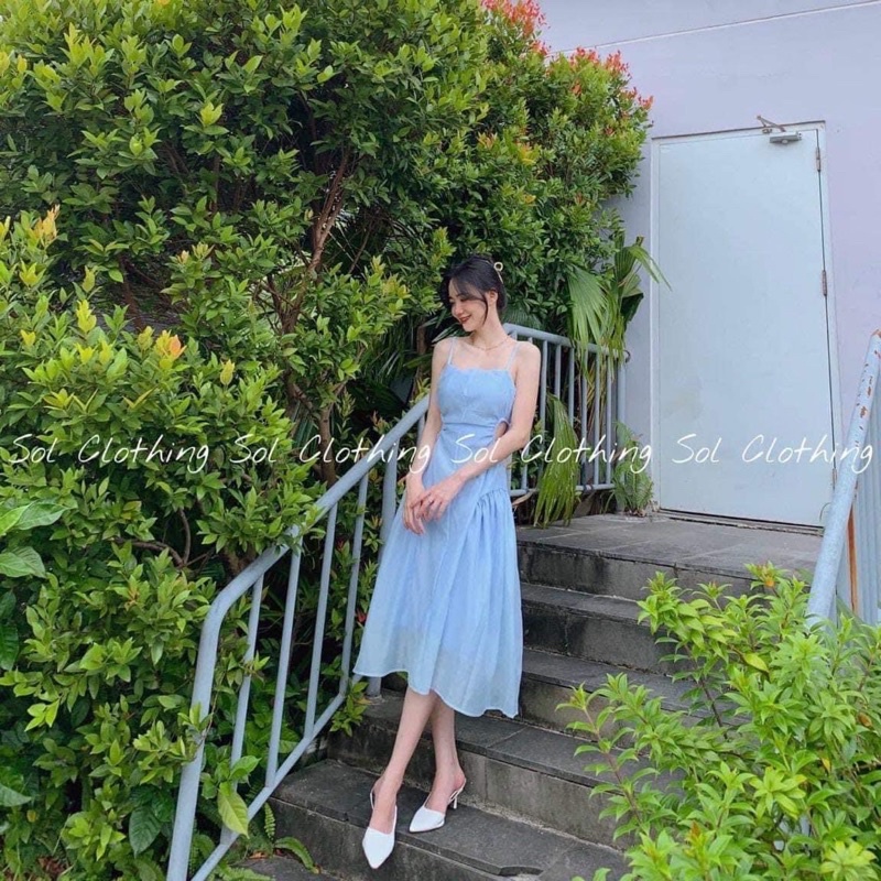 Đầm midi 2s xanh khoét eo lên dáng chuẩn form mẫu kèm ảnh thật trải sàn