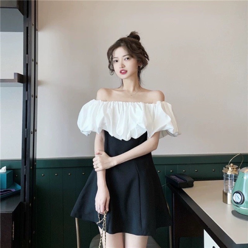 Váy Trễ Vai Phối Bèo Trắng Khoá Sườn - Đầm Tiểu Thư Màu Trắng