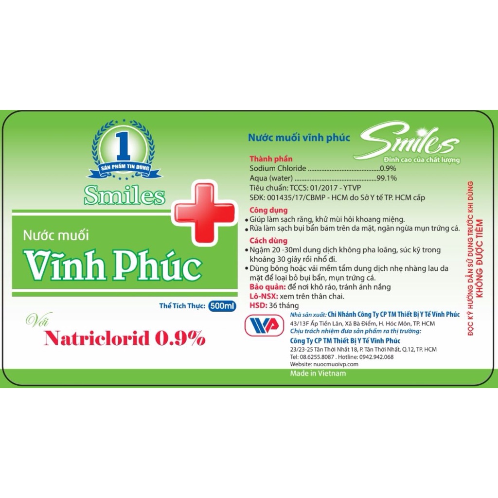 NƯỚC MUỐI VĨNH PHÚC Smiles Natriclorid 0.9% Chai 1000ml Loại bỏ bụi bẩn vi khuẩn Khử mùi hôi Bảo vệ sức khỏe Sx tại VN