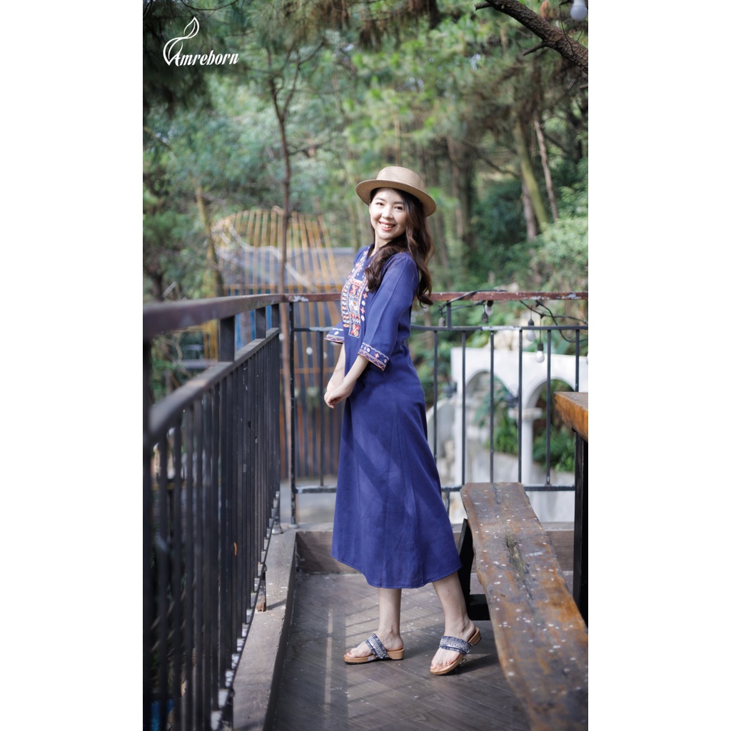 Đầm suông linen che khuyết điểm, dáng dài freesize, thêu họa tiết thổ cẩm, phong cách vintage, bohomian