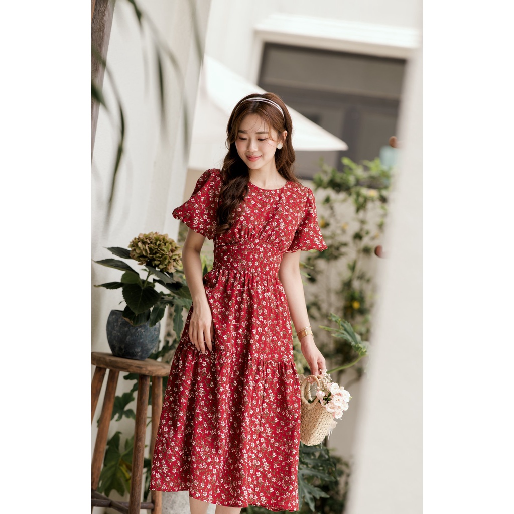 Váy tay bồng dáng dài xoè hai màu đỏ, be VNS02 chất tằm ý cao cấp YAME