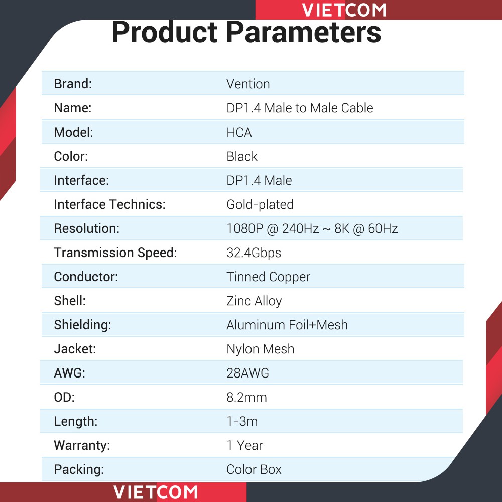 Cáp DisplayPort 1.4 Tốc độ cao 32.4Gbps, Hỗ trợ độ phân giải 8K/60Hz & Dynamic HDR - Thương Hiệu Vention