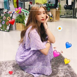 (ORDER) Váy MORAN voan xòe dài cổ V hoa tím thắt nơ eo nhẹ nhàng Vintage Hàn Quốc