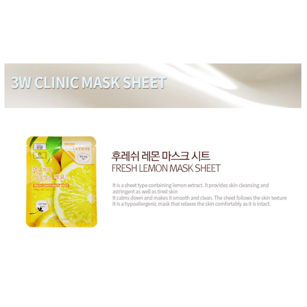 Combo 10 mặt nạ dưỡng da chiết xuất từ chanh 3W Clinic Fresh Lemon Mask Sheet 23ml x 10 - CHANH