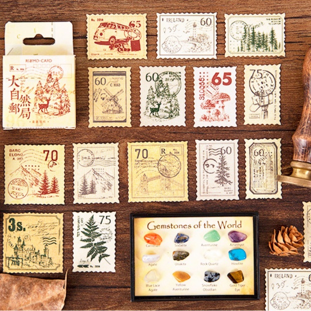 Hộp 45 miếng sticker mẫu tem hình cây thông và thực vật trong rừng