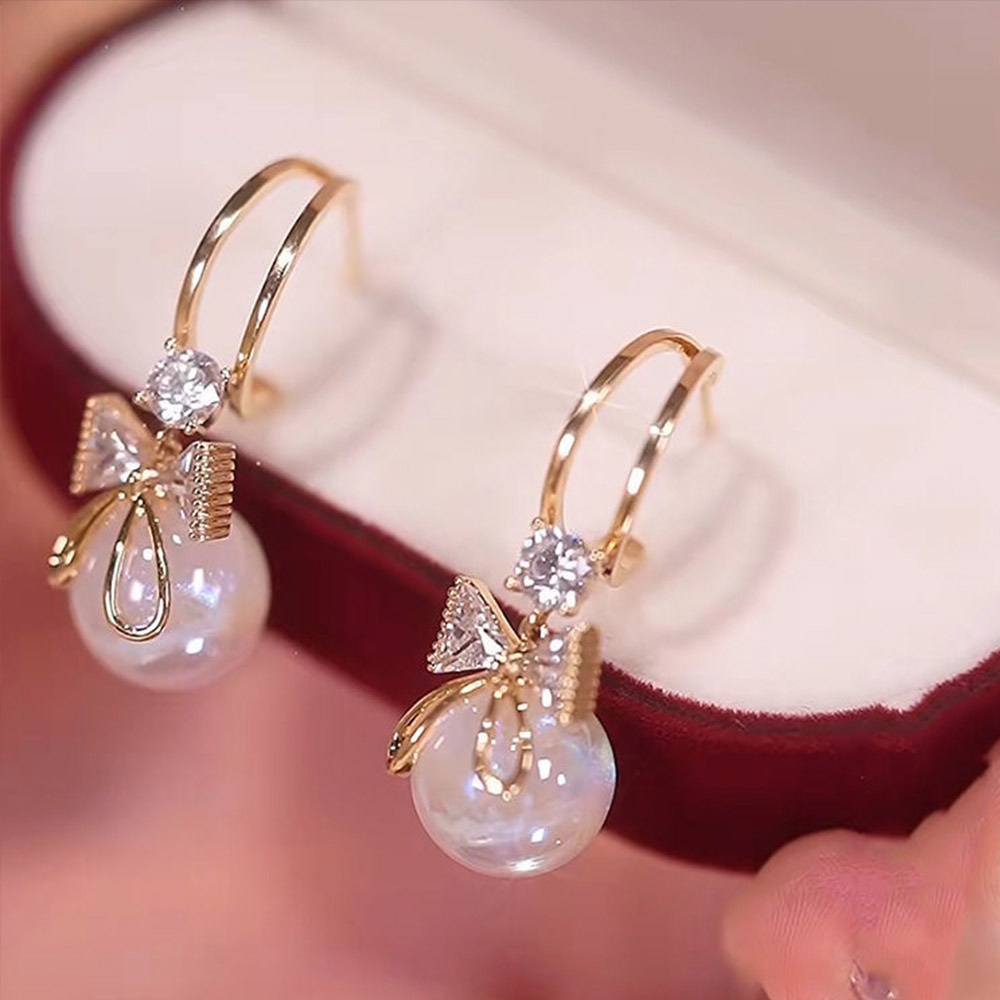 Bông Tai Hình Nơ Đính Ngọc Trai Thời Trang Hàn Quốc Cho Nữ