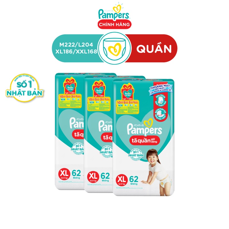 Bộ 3 Tã Quần Pampers Giữ Dáng Mới Gói Cực Đại M74/L68/XL62/XXL56