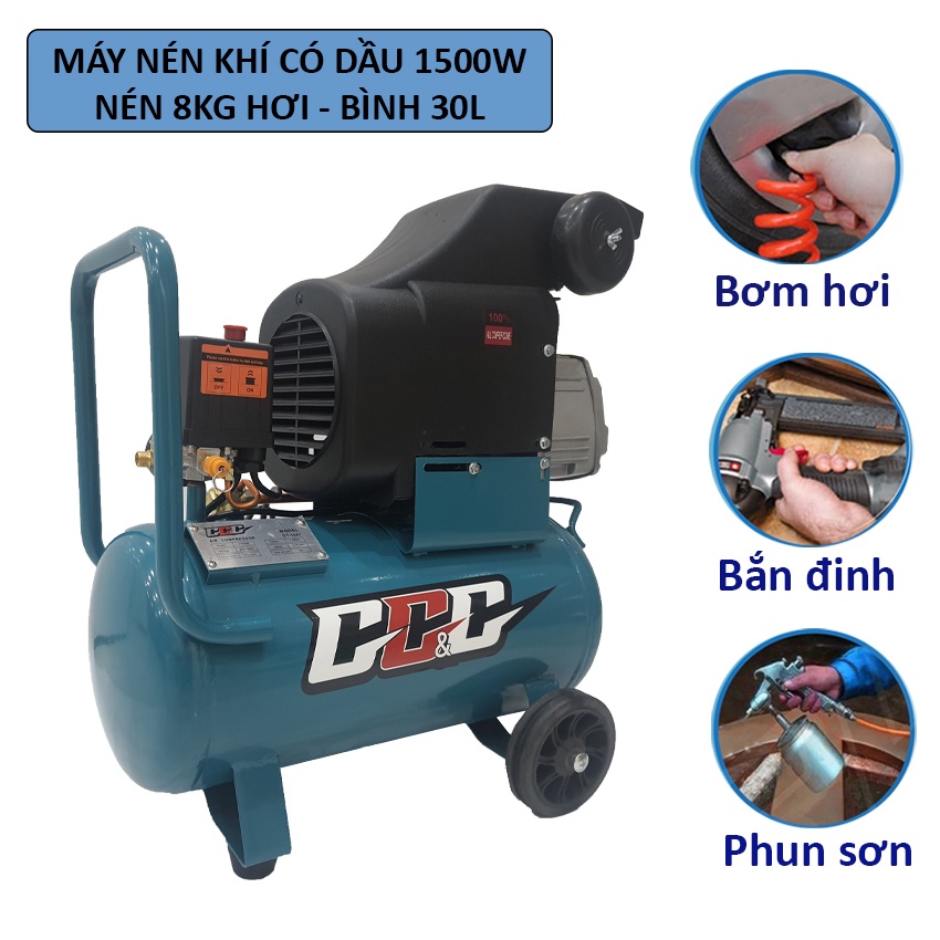 Máy nén khí có dầu 30lít 1500W, Cam kết Mô tơ lõi đồng 100% |máy nén khí dùng bơm hơi xì khô phun sơn bắn đinh...