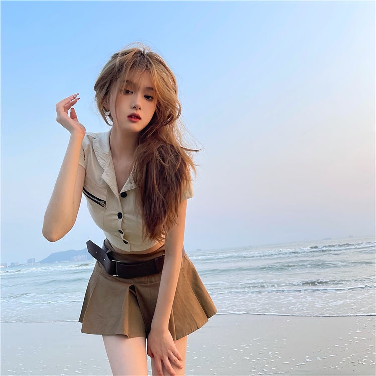 Women's suit skirt 2022 summer new Korean style sexy short shirt small pleated skirt two-piece suit