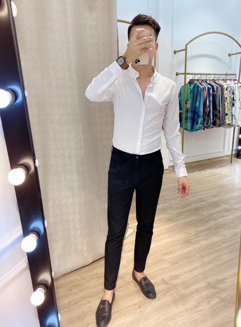 Sơ mi Nam Hàn cổ bẻ trắng ,đen - cổ tàu trắng ,đen hàng vải lụa cao cấp ôm dáng thời trang trẻ | BigBuy360 - bigbuy360.vn