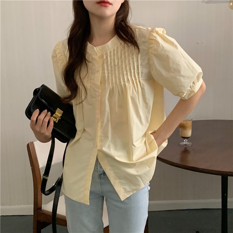 Áo Sơ Mi Tay Phồng Cổ Tròn Màu Sắc Đơn Giản Phong Cách Hàn Quốc Xinh Xắn Cho Bé 44145