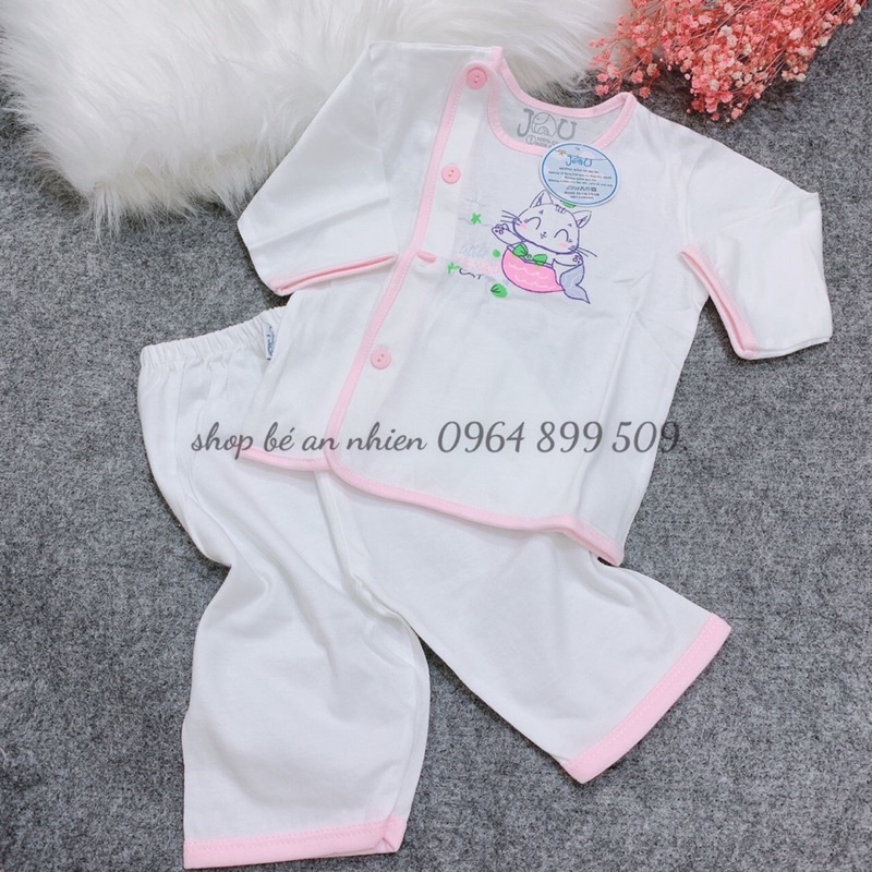 Bộ tay dài jou trắng in hình cho bé 3-9kg-Vải cotton 100%