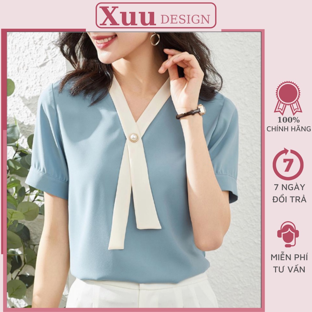 Áo sơ mi ngắn tay Xuu Design, Áo kiểu nữ cổ vạt chất vải đẹp, hàng thiết kế chất lượng cao -SP03
